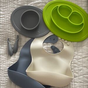 Lot of silicone baby goods.  2 Ezpz mats, 2 ezpz spoons, and 2 bibs